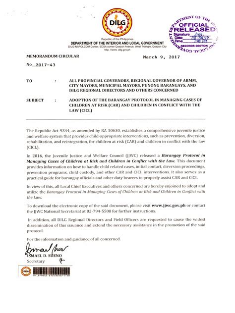 Adoption of the Barangay Protocol in Managing Cases of .